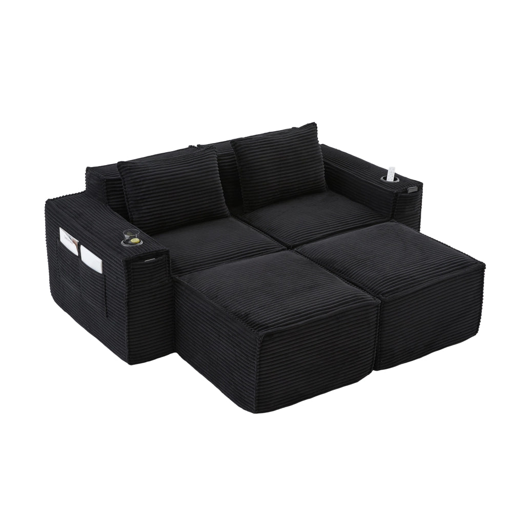 Divano modulare 2 posti con 2 pouf; portabicchieri e tasche laterali; in tessuto a coste nero