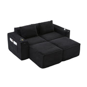 Divano modulare 2 posti con 2 pouf; portabicchieri e tasche laterali; in tessuto a coste nero