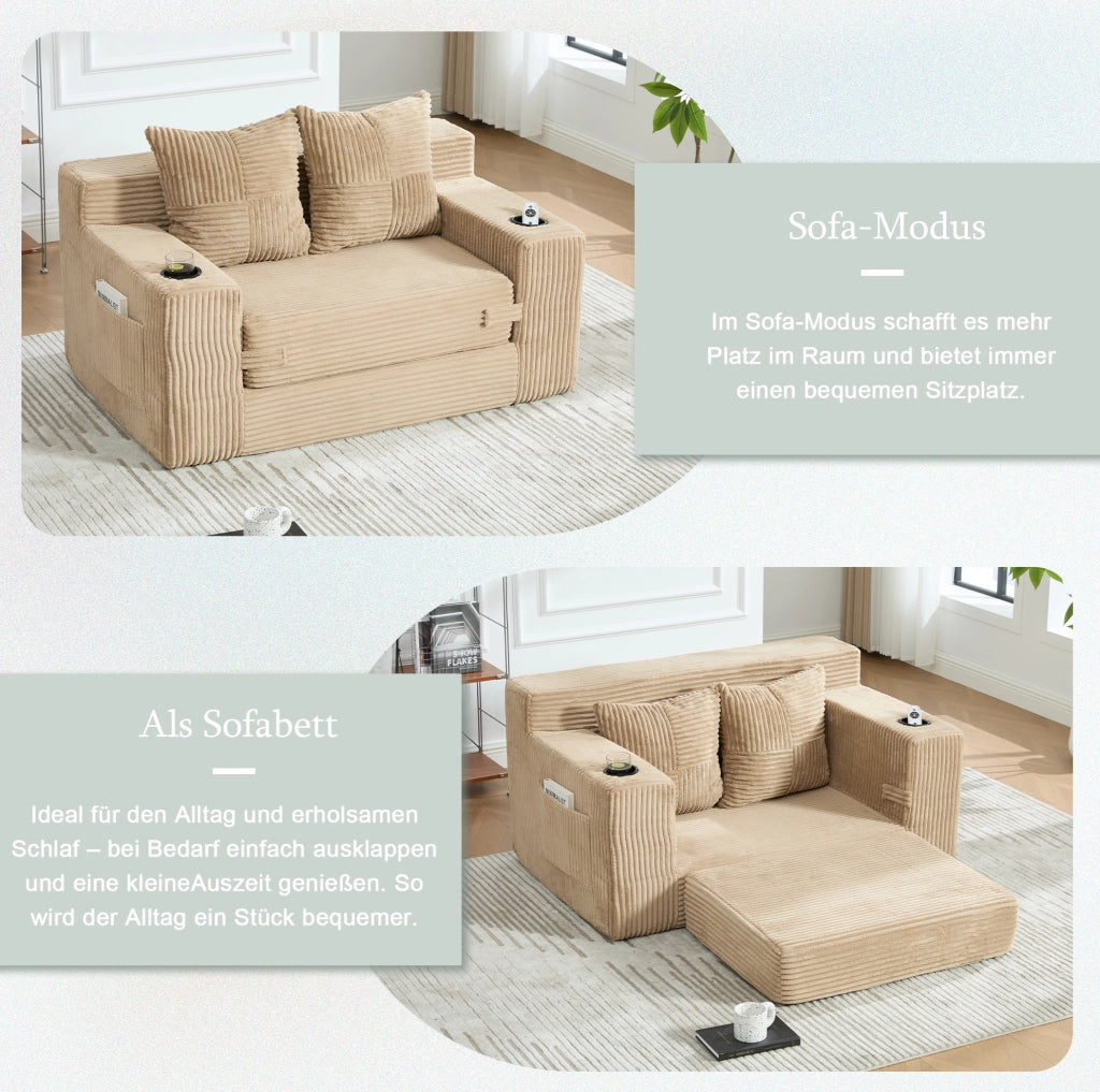 DIVANO Pouf 151x133x64 cm in Velluto a Coste Khaki con Tasche Laterali