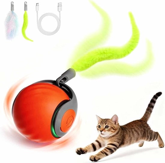 Giocattolo interattivo per gatti da interni, pallone da gatto con coda di piume, 2 velocità, ricaricabile