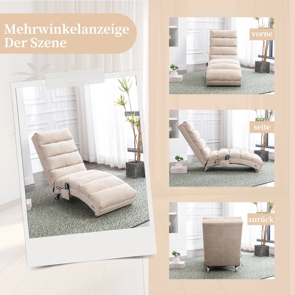 Poltrona massaggiante reclinabile in lino beige; 55x148x84 cm; con tasca laterale