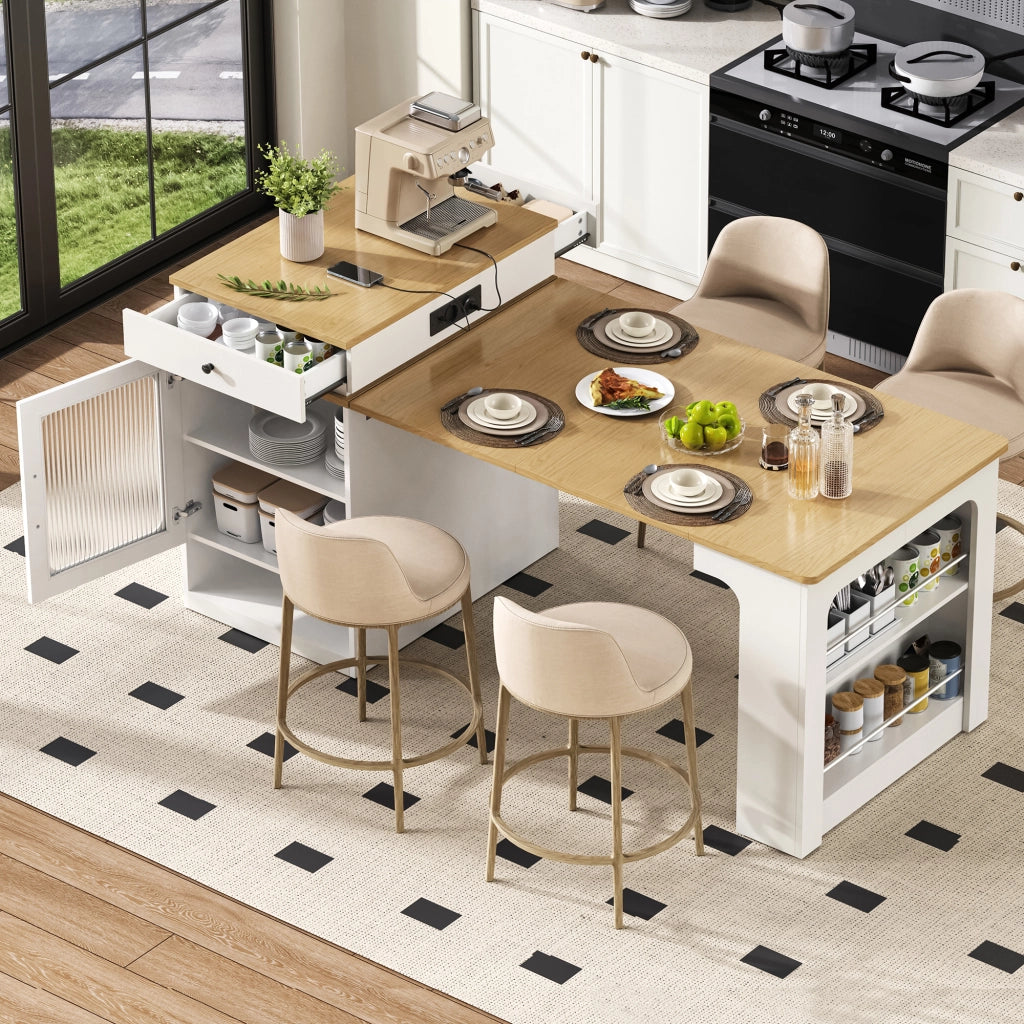 Tavolo allungabile con mobile contenitore e prese integrate MDF bianco e naturale 80 × 71~111~151 × 92 cm