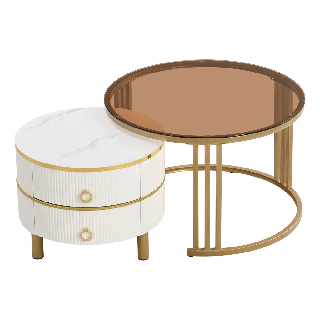Tavolini bassi impilabili con 2 Cassetti; Piano in Vetro Temperato e MDF; per Soggiorno; Bianco; 70 × 70 × 45 cm