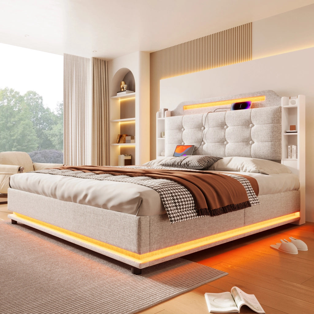 Letto imbottito 140 x 200 cm, striscia LED, contenitore idraulico, scomparti portaoggetti, USB e Tipo C, lino - Beige