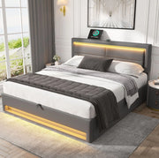 Letto imbottito 140x190 cm USB e LED con contenitore PU grigio (Senza materasso)