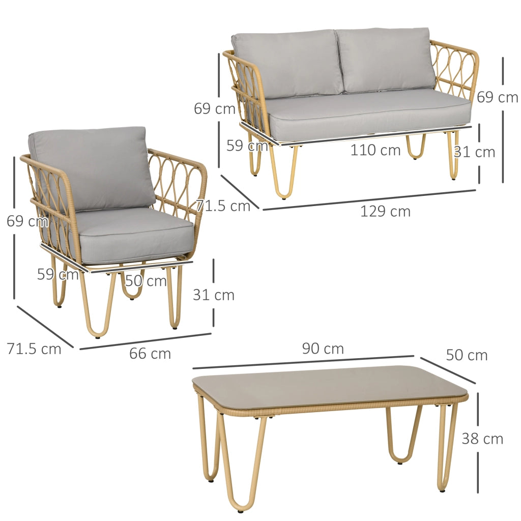 Set Salotto da Giardino in Rattan ¨C zephmum ¨C Divano 2 Posti, 2 Poltrone, Tavolino con Piano in Vetro