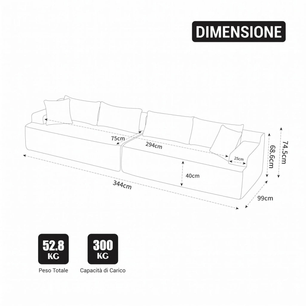 Divano modulare, divano compatto, tessuto chenille, schiuma ad alta elasticità 30D, base antiscivolo, 6 posti, bianco avorio