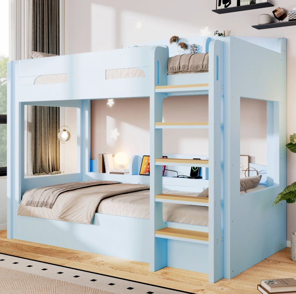 Letto a castello 90x200 cm con presa USB e ripiani azzurro HOMVRA