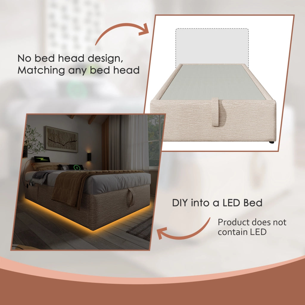 Letto contenitore singolo 90×200 cm con USB; Type-C e tasca laterale; senza materasso; in lino; naturale
