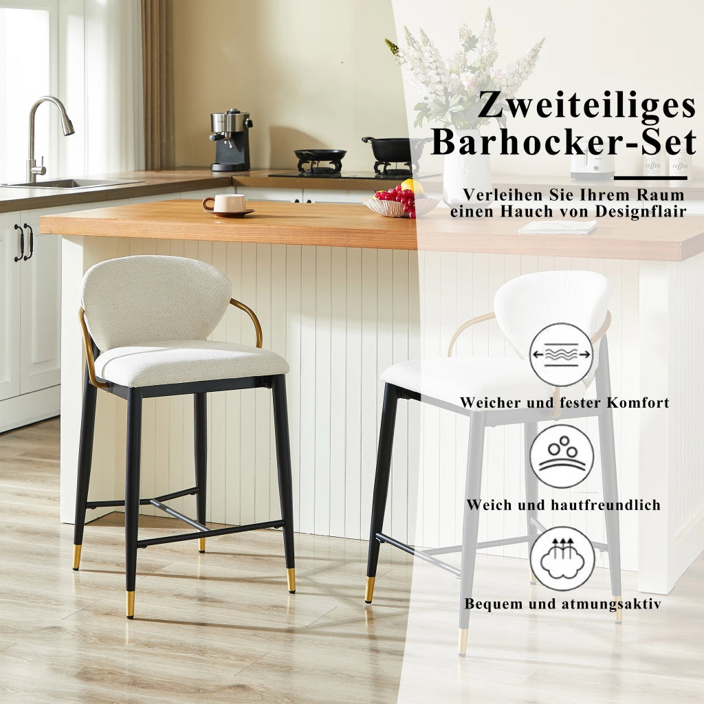 Sgabello da bar set di 2 con schienale e poggiapiedi, piedini regolabili, in tessuto chenille beige nero oro