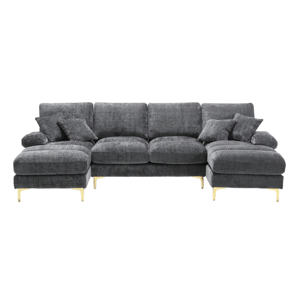 Divano modulare moderno a forma di U in chenille con doppie sedute reclinabili, struttura in legno e piedi in metallo dorato, 272x136x88 cm