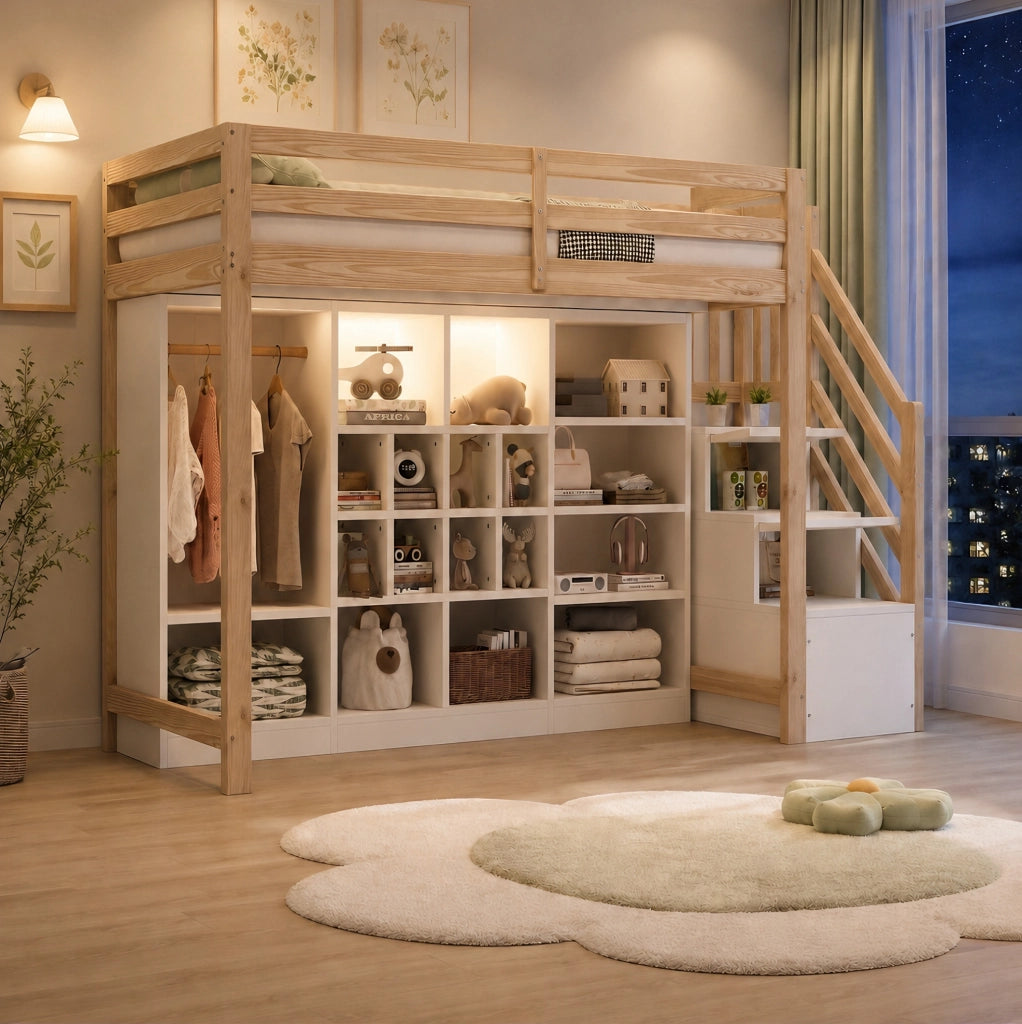 Letto a soppalco 90x200 cm in legno di pino con armadio integrato, ripiani, scala laterale con contenitori e illuminazione LED