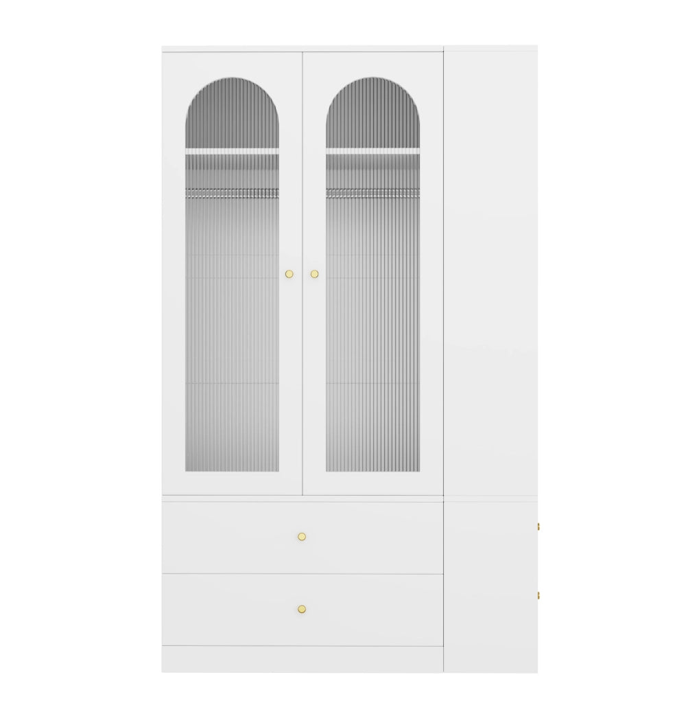Armadio 120x50x200 cm in MDF bianco con 2 ante in vetro e 4 cassetti