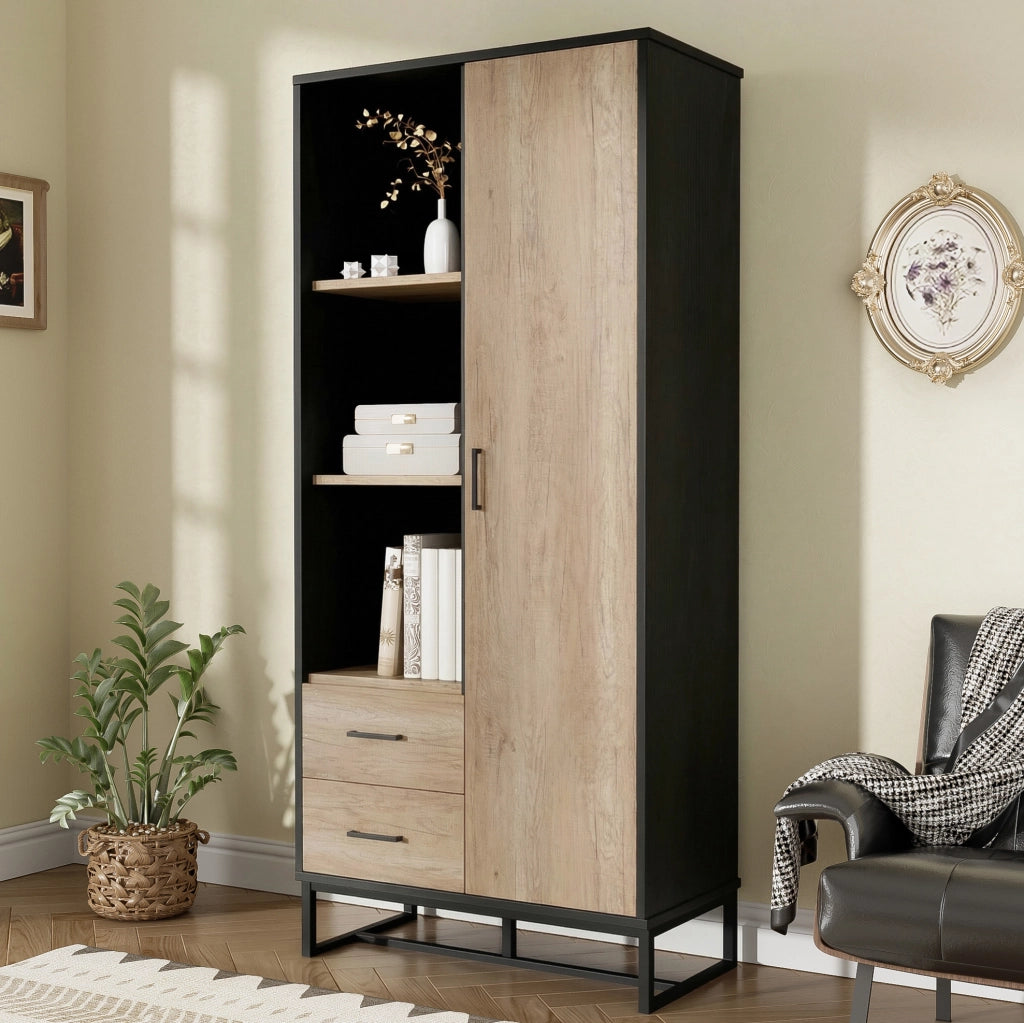Credenza alta 80x40x180 cm con anta, cassetti e vani aperti