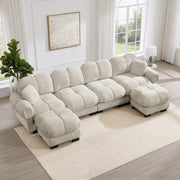 Divano angolare modulare a U 4 posti in tessuto chenille, colore kaki chiaro, con 2 pouf mobili
