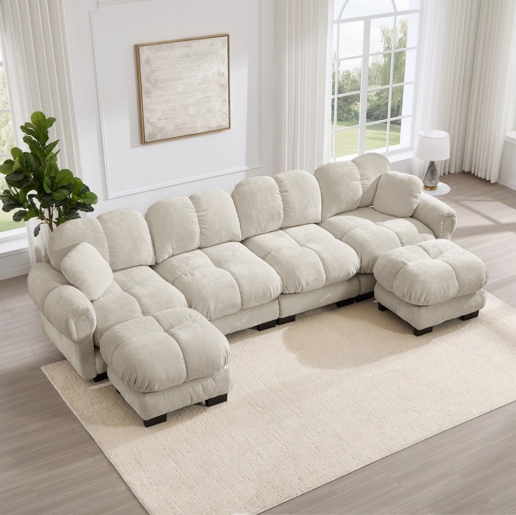 Divano angolare modulare a U 4 posti in tessuto chenille, colore kaki chiaro, con 2 pouf mobili