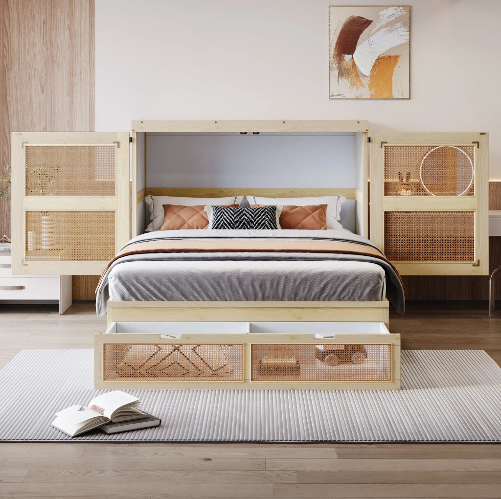 Letto a scomparsa 140x200 cm con struttura in legno color legno e cassetti contenitori, design con rattan, letto singolo salvaspazio