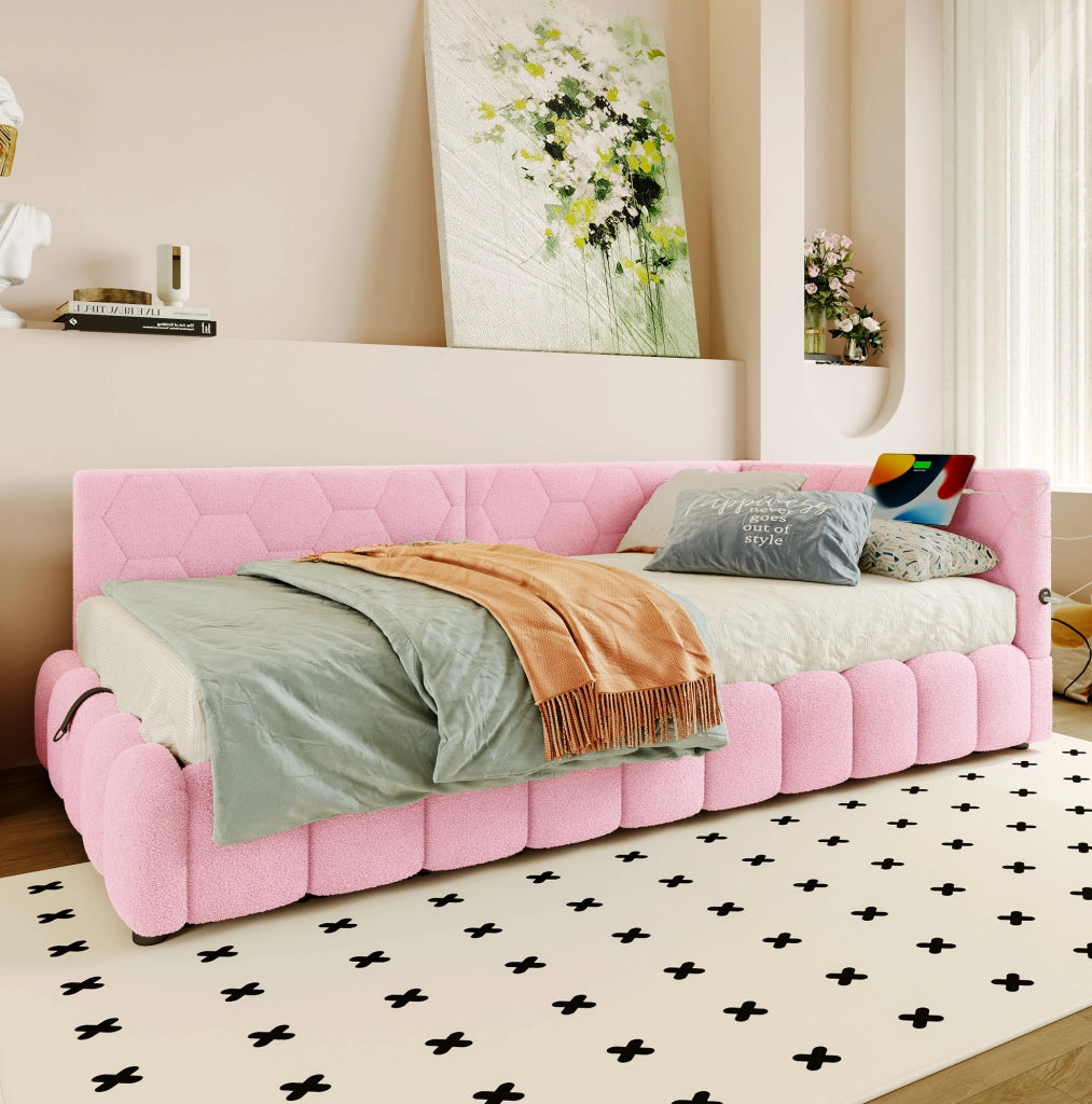 Letto a giorno 90x200 cm con rete; LED; USB e Type-C; rosa