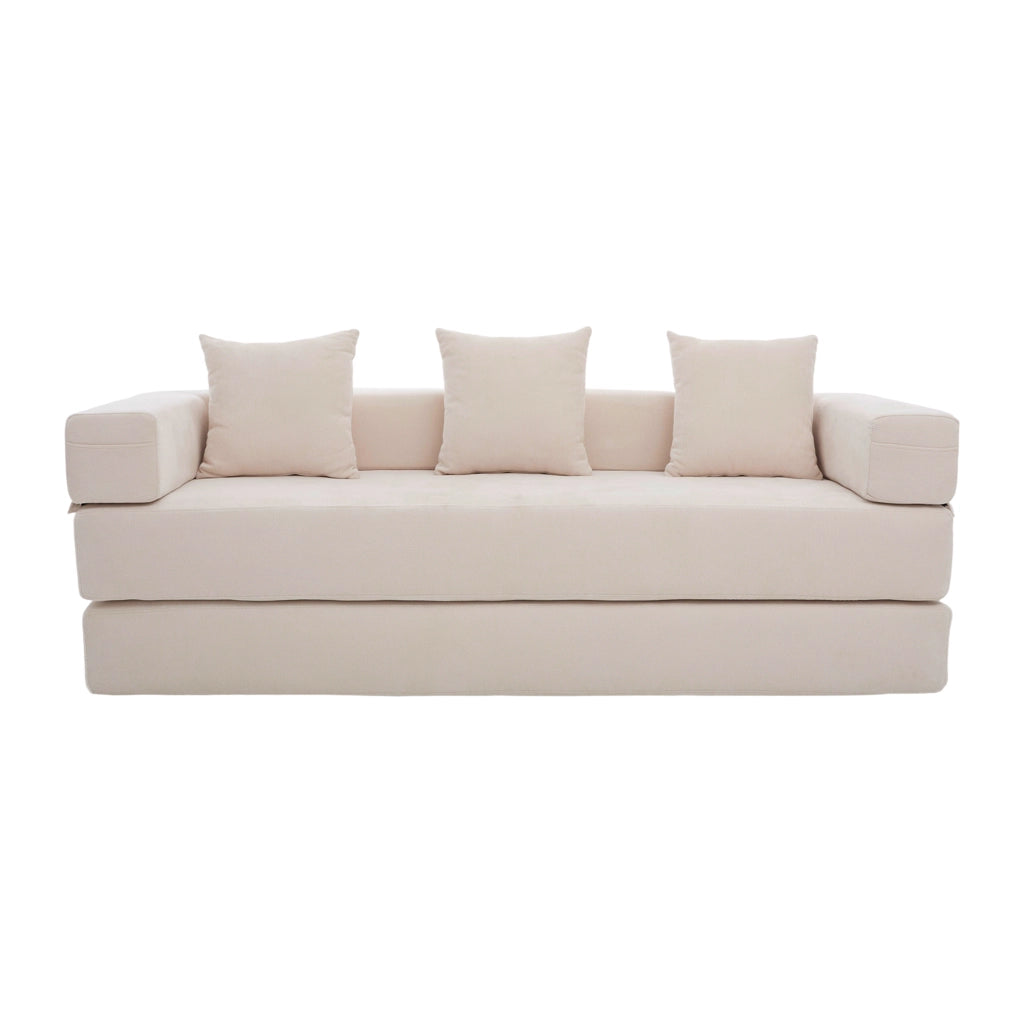 Divano modulare in ciniglia beige con tasche laterali e base antiscivolo