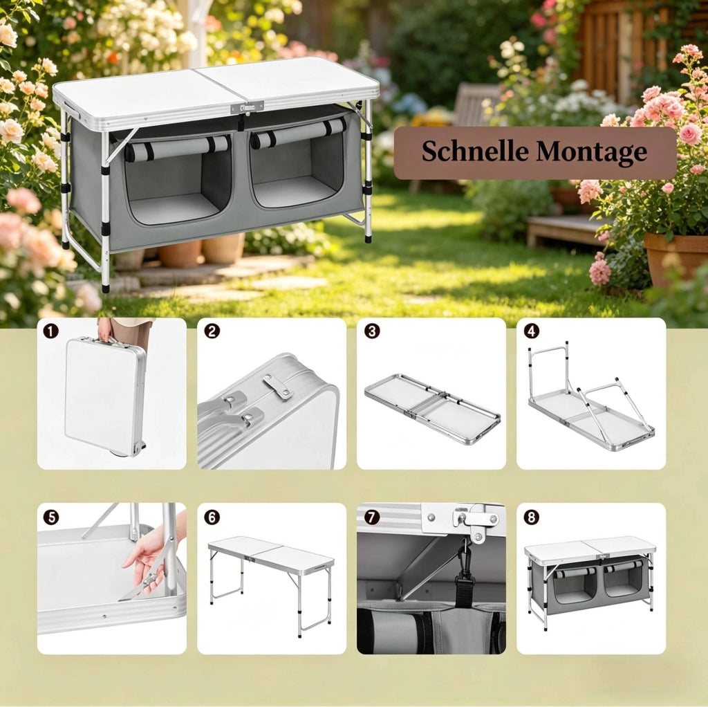 Tavolo da picnic pieghevole in alluminio con piano MDF, gambe regolabili, borsa portaoggetti in Oxford, 120x47 cm