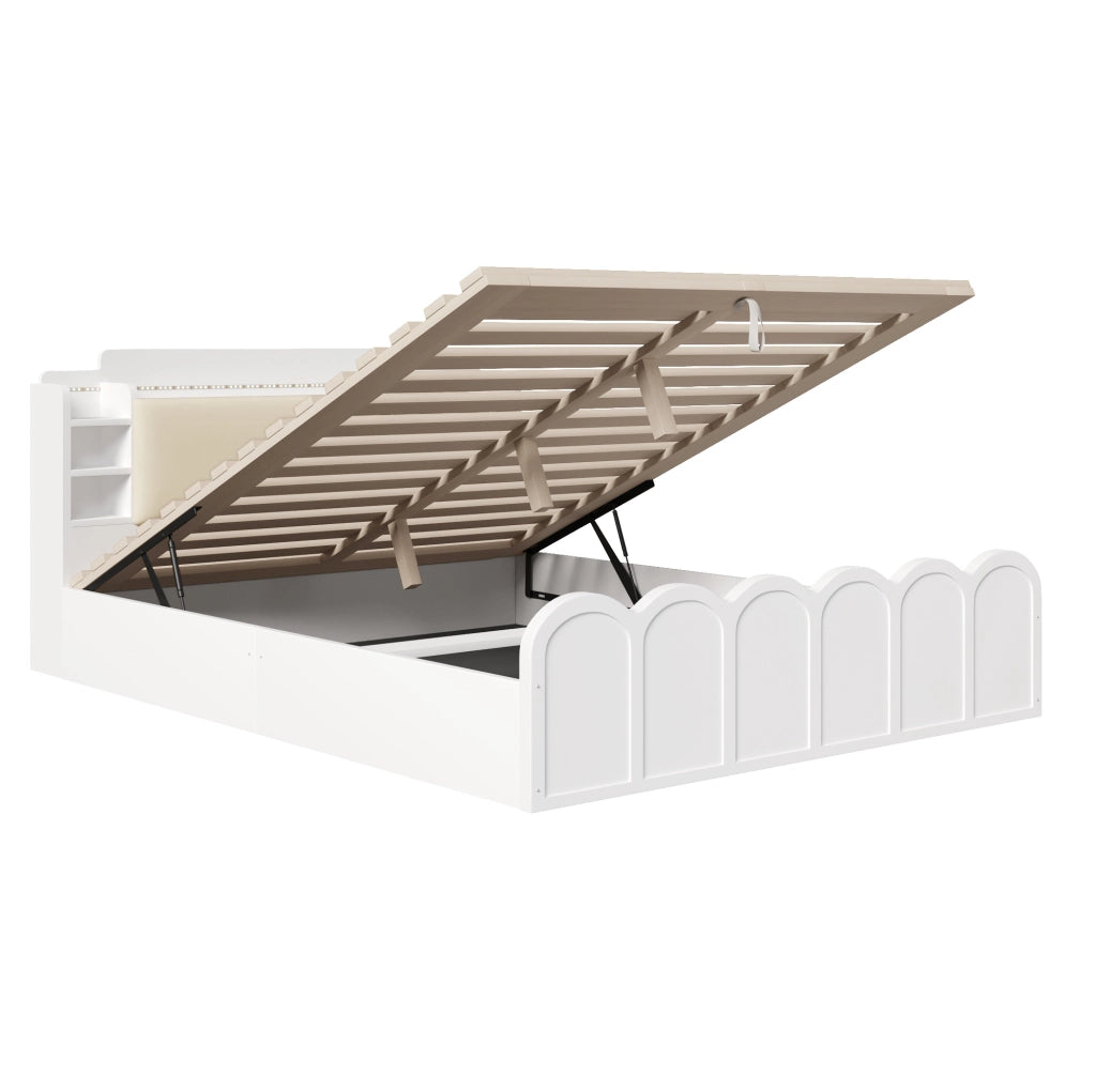 Letto 140x200 cm con contenitore idraulico, LED, USB e USB-C bianco