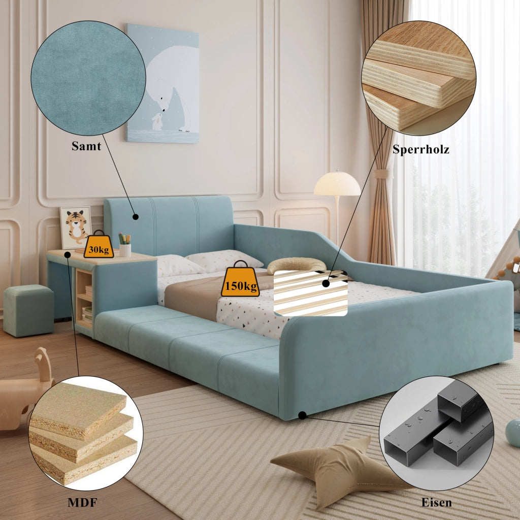 Letto Singolo con Scrivania e Pouf in Velluto Blu 90x200 cm