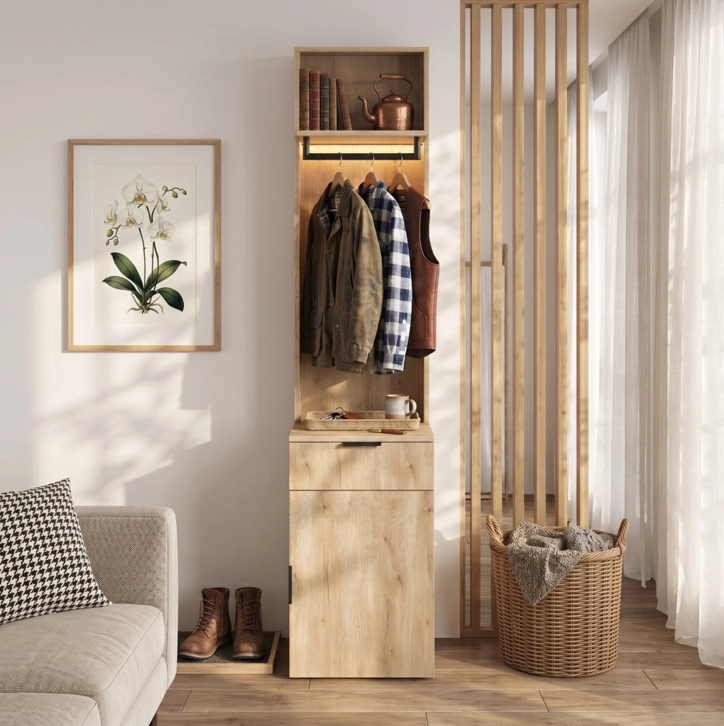 Set guardaroba con LED, appenderia, cassetto porta gioielli e 2 ripiani in MDF effetto quercia 45x47x200 cm per ingresso e soggiorno