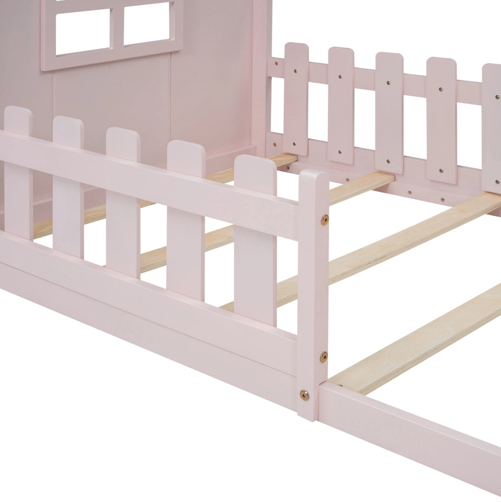 Letto per bambini 90x200 cm in pino e MDF, design a casetta, colore rosa