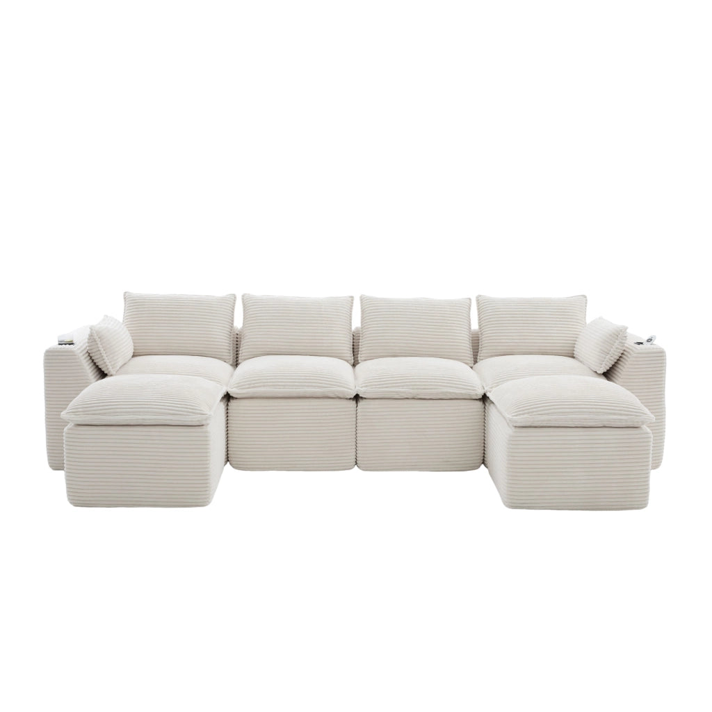 Divano 322x161x75 cm componibile con tasche laterali in velluto a coste beige