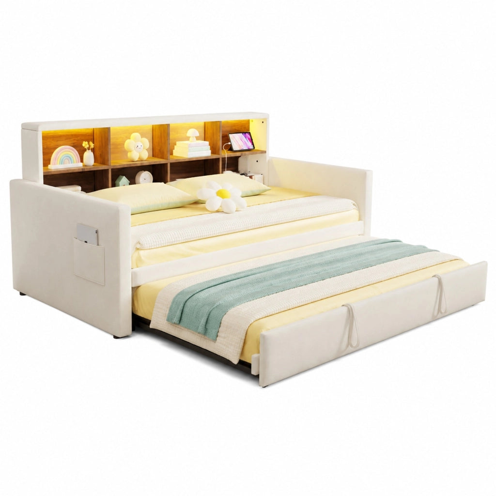 Letto singolo imbottito 90 × 190 cm estraibile in velluto beige con testiera LED prese e vani portaoggetti