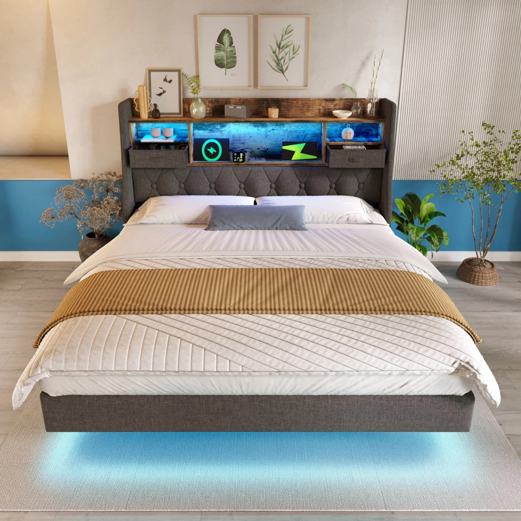 Letto Matrimoniale 140x200 cm Imbottito Grigio con LED; Prese USB e Type-C; Testiera Contenitore in Lino