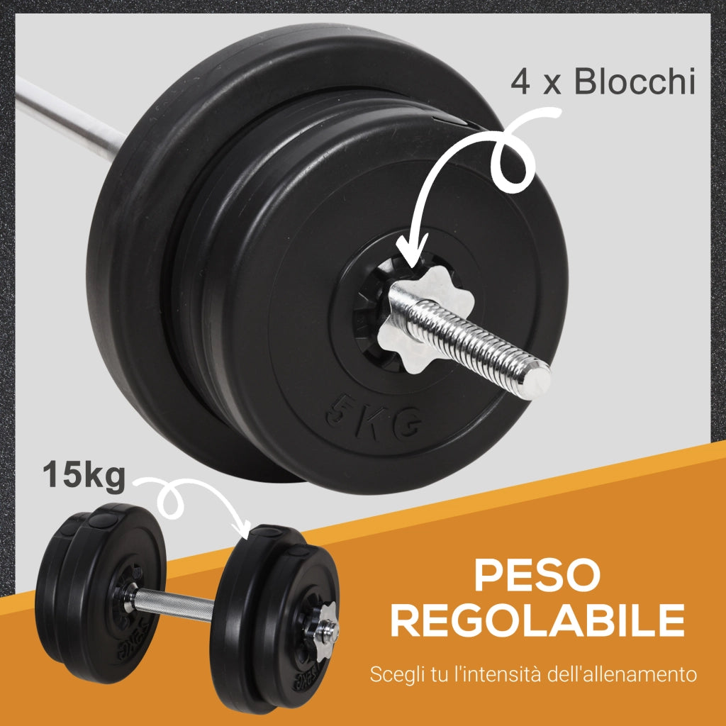 Set Bilanciere e Manubri 65kg ¨C Xylo ¨C 14 Dischi Acciaio e Plastica