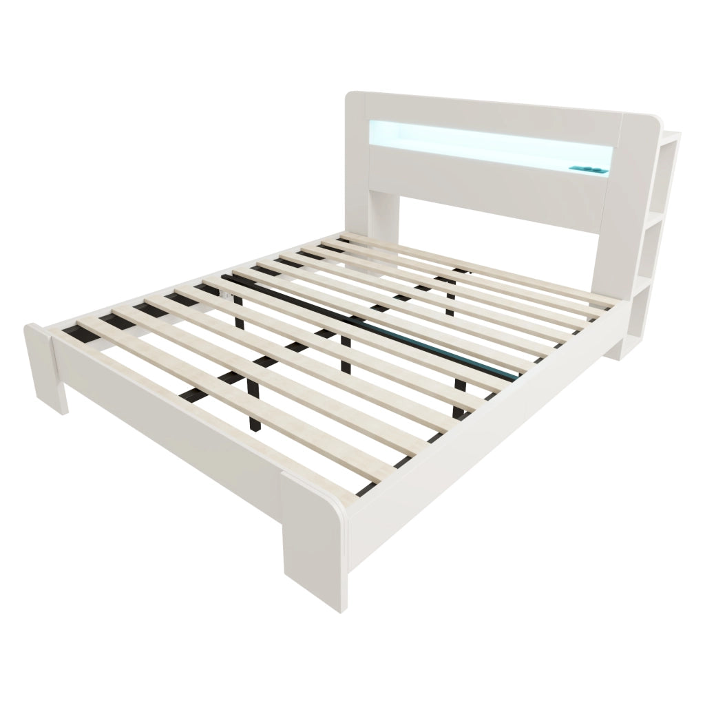 Struttura Letto in Legno Bianco 140x200 cm con Testiera Portaoggetti; LED e Prese Integrate