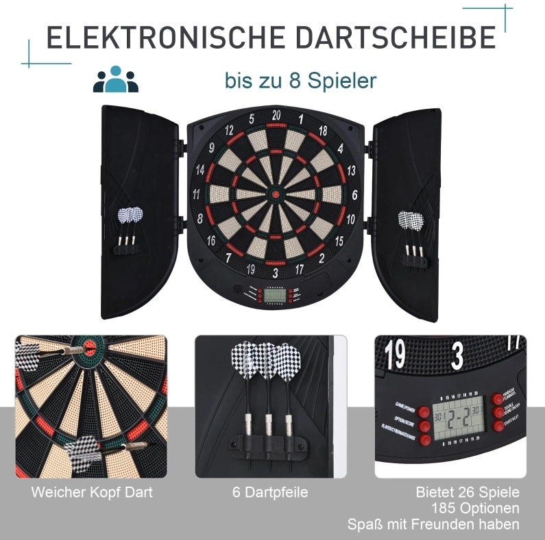 Bersaglio elettronico ULEVR con ante, LCD, 26 giochi e 185 varianti, 6 freccette, nero