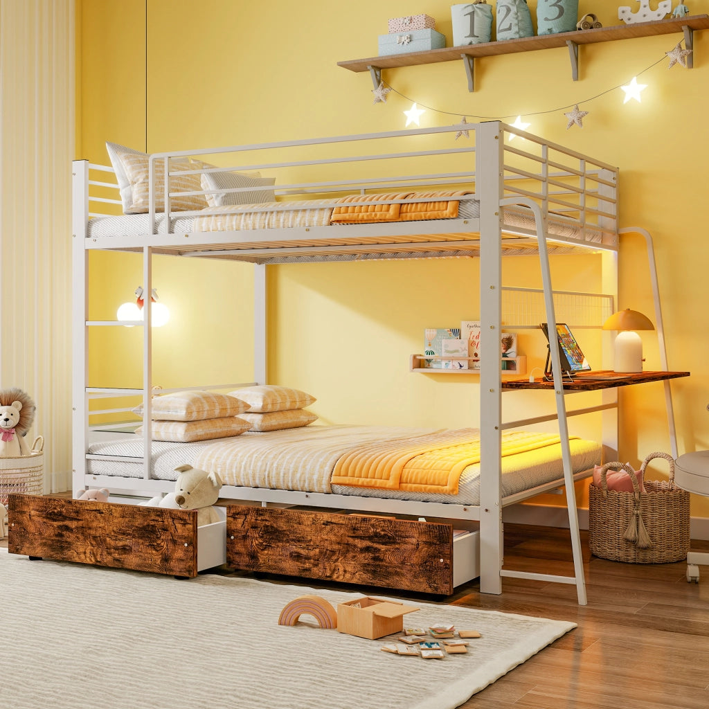 Letto a soppalco 140 × 200 cm con scrivania LED RGB prese USB Type-C 2 cassetti in metallo e MDF bianco opaco
