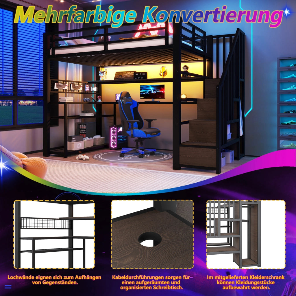 Letto a soppalco in metallo 90x200 cm con LED RGB, armadio, scrivania e spazio contenitivo, nero