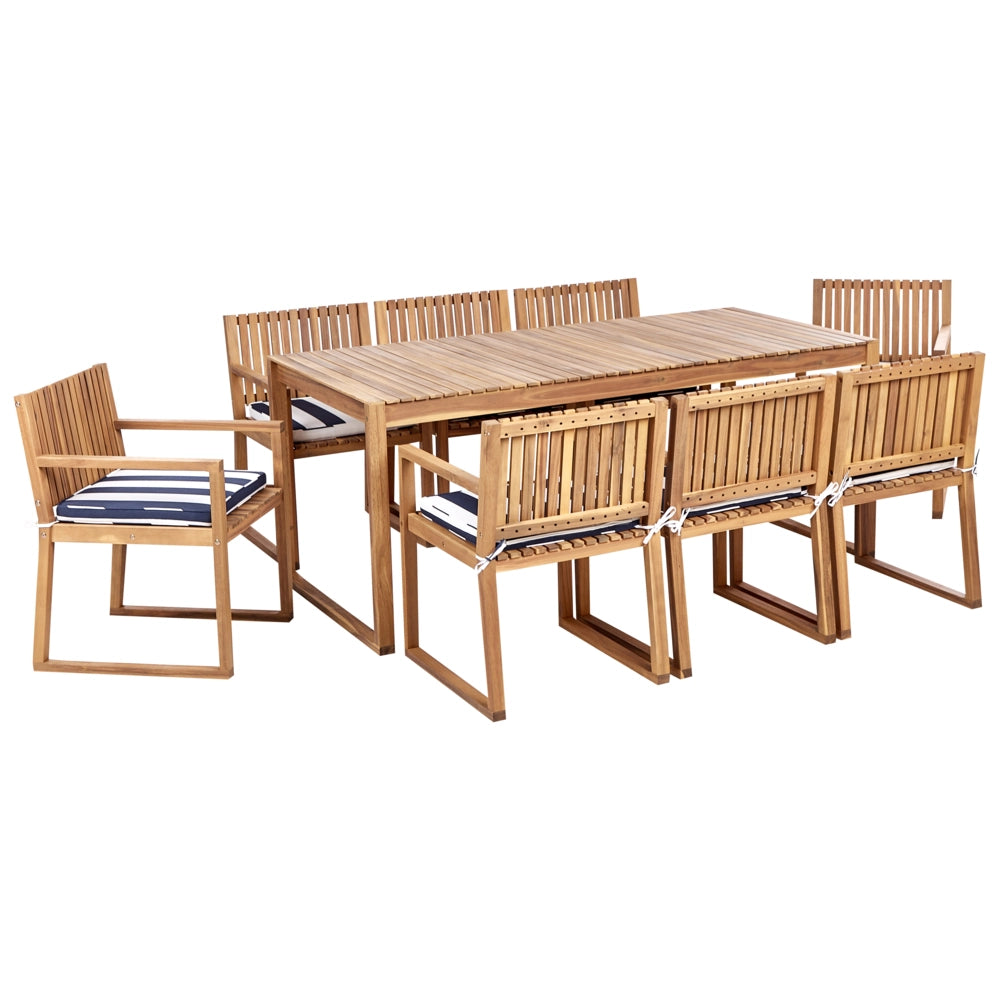 Set da Giardino Legno di Acacia chiaro con Tavolo e 8 Sedie con Cuscini blu e bianco giardino terrazzo