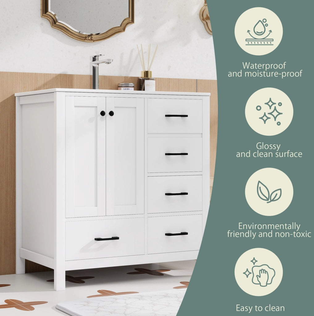 Mobile bagno bianco 76x46x82 cm in MDF con lavabo integrato in ceramica e ampi spazi contenitivi