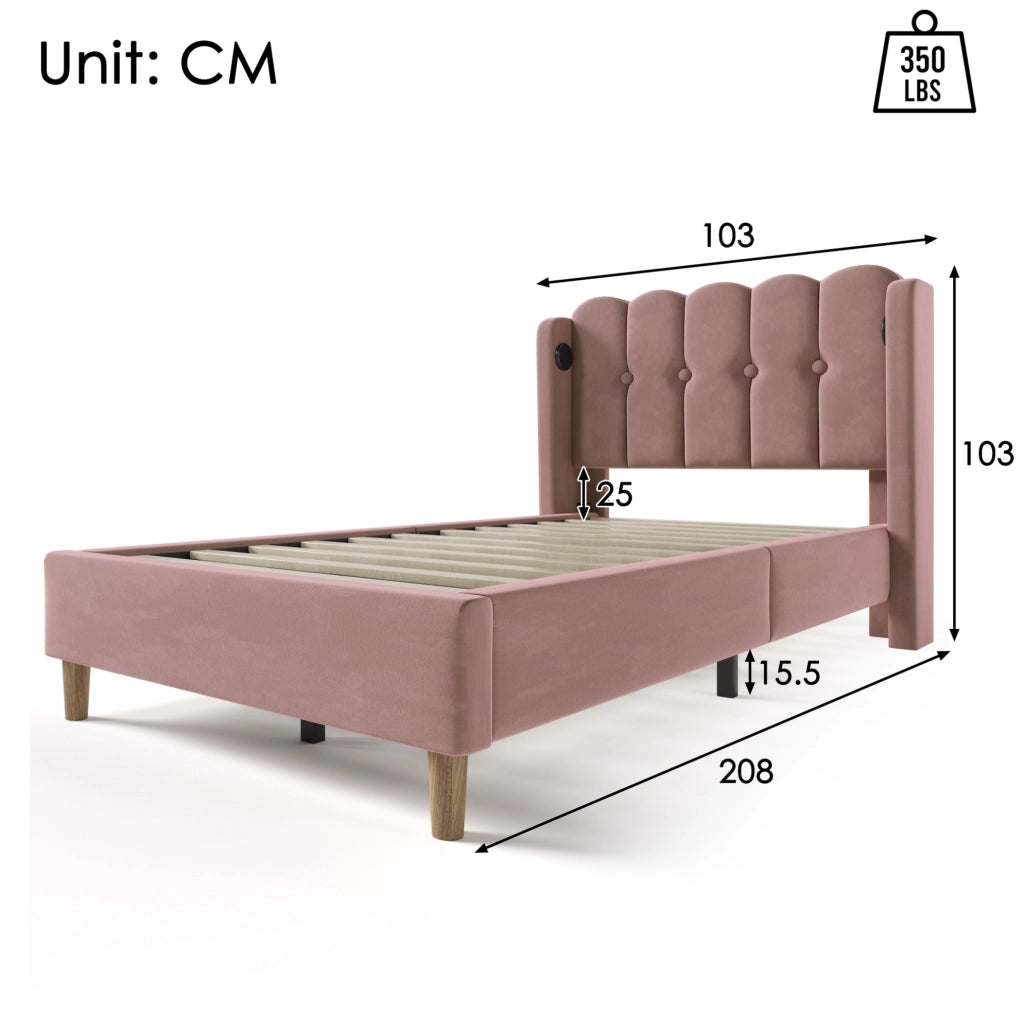 Letto imbottito singolo 90x200 cm in velluto rosa con USB e Type-C