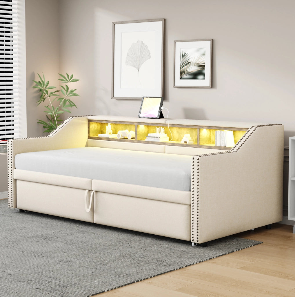 Divano letto estraibile 90/180x200 cm con LED, USB e ripiani in tessuto beige
