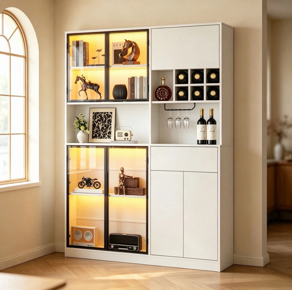 Vetrina bianca in truciolato 140x30x200 cm con 7 porte, 1 cassetto, LED Bluetooth, portabicchieri e 6 portabottiglie