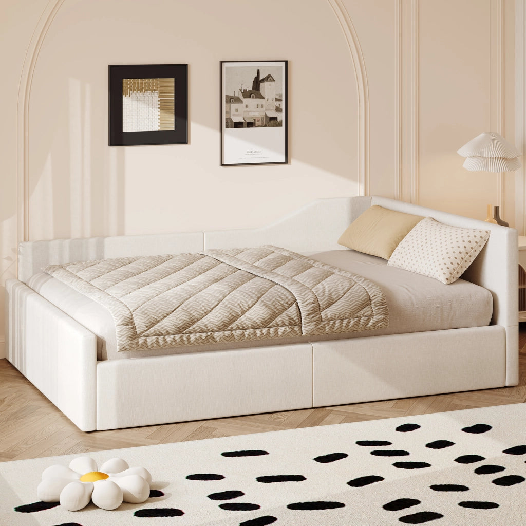 Letto contenitore 140 × 200 cm con vano sottoletto rivestito in lino struttura in MDF e compensato beige