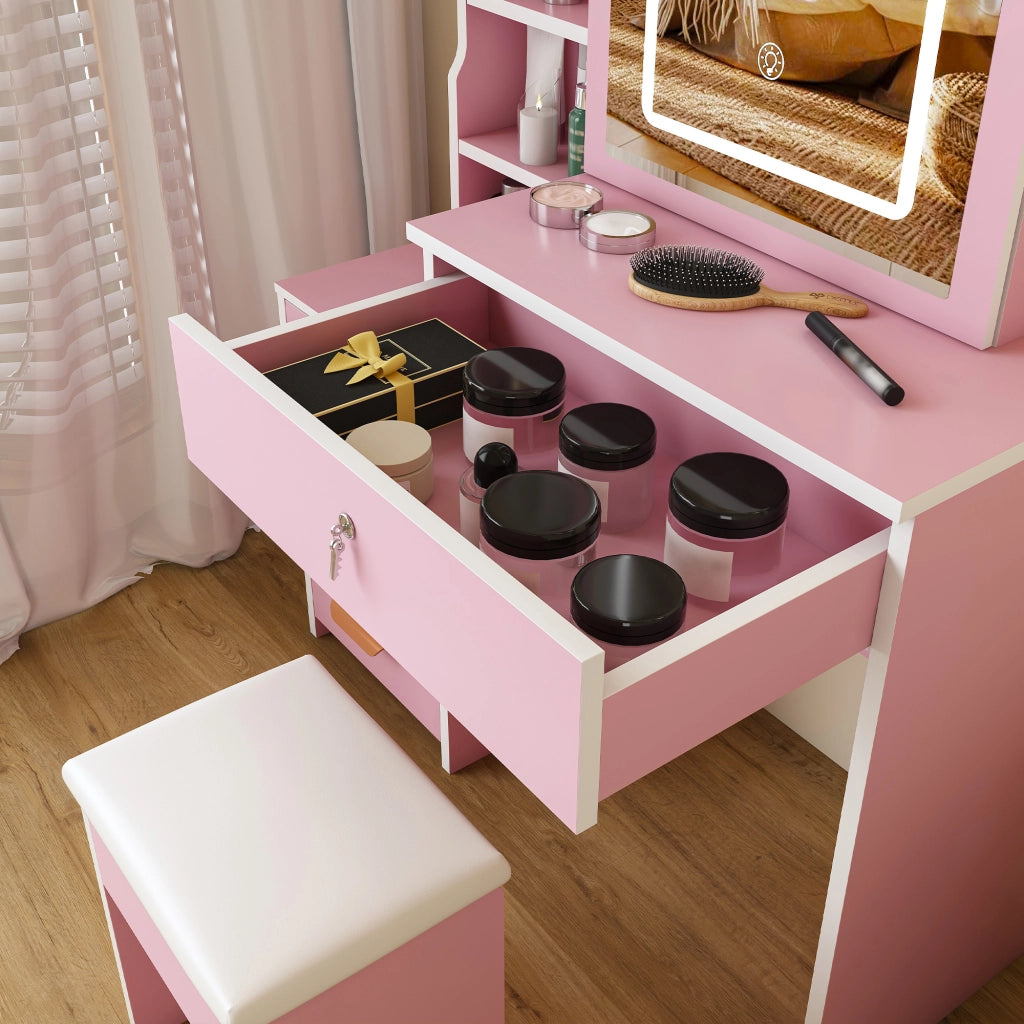 TOLETTA con Specchio LED e Sedia MDF Rosa