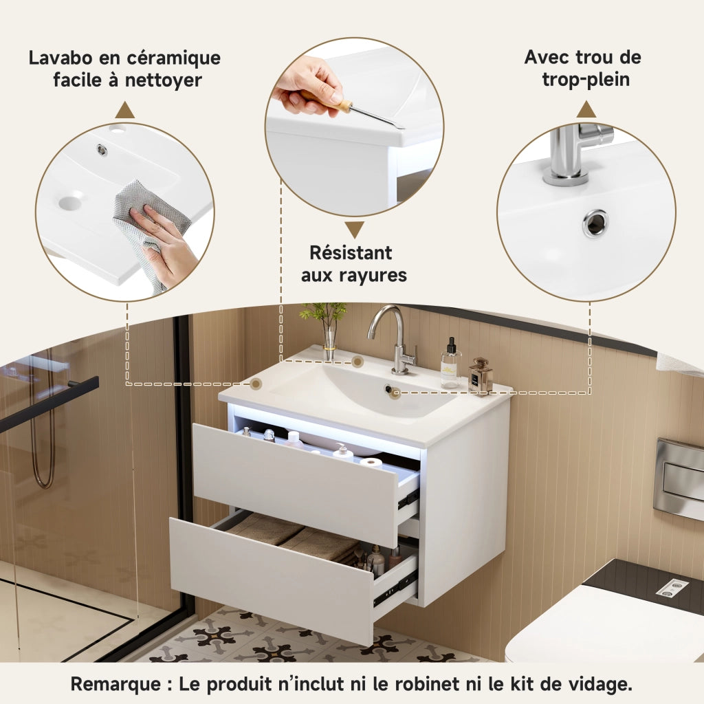 Desviae Mobile sottolavabo sospeso con lavabo in ceramica LED con sensore radar 2 cassetti MDF bianco 61 × 46 × 45 cm