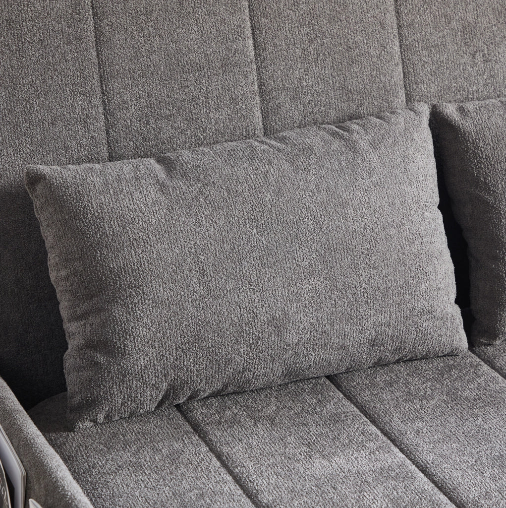 Divano letto 2 posti in chenille grigio con struttura in metallo, salvaspazio con tasche laterali, adatto per soggiorno e ufficio casa