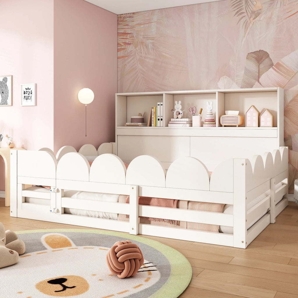 Letto per bambini 140 × 200 cm 2 posti con barriera di sicurezza; porta e mensole; senza materasso; in legno; bianco