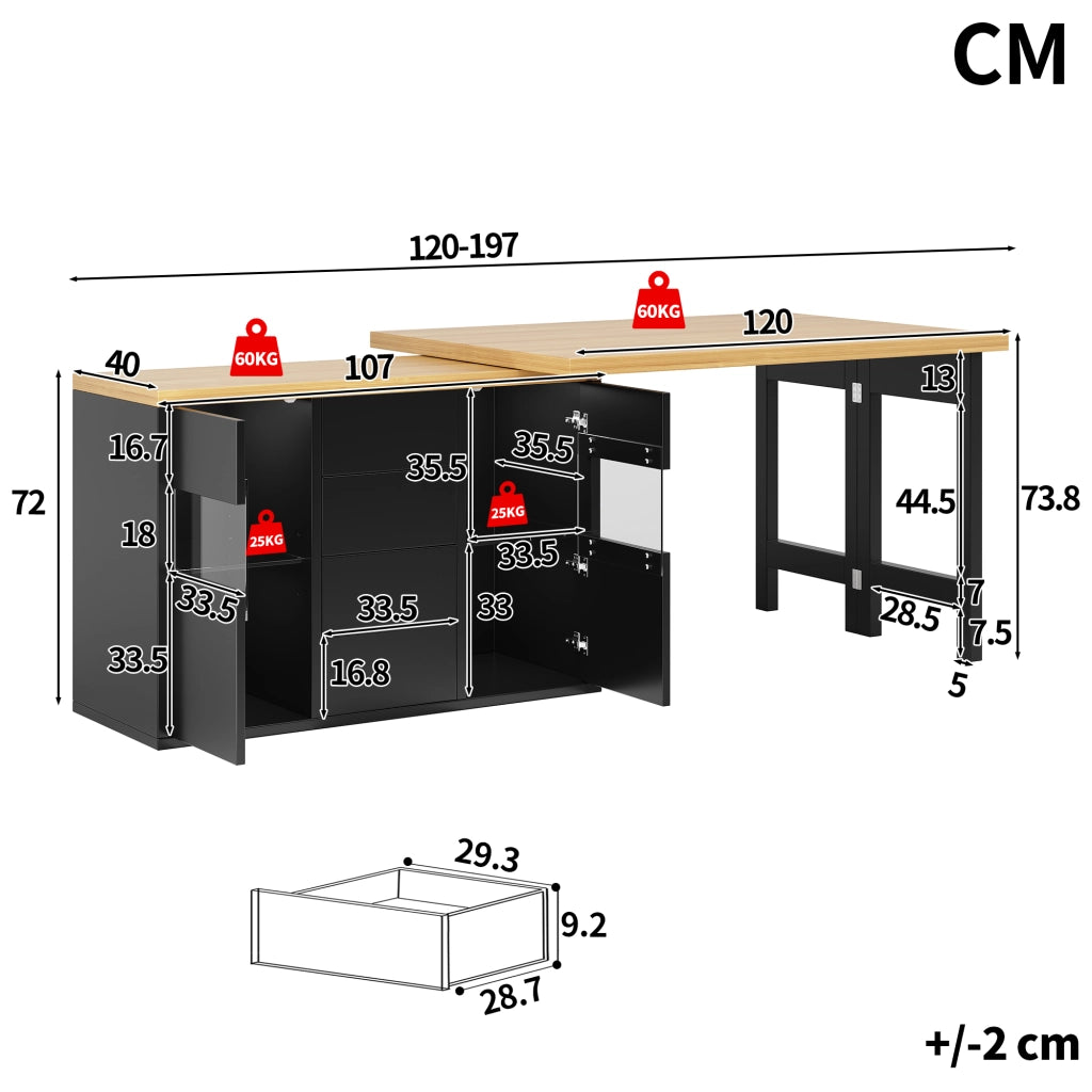 Isola cucina girevole 360° 120–197 cm con 4 cassetti ante in vetro LED RGB tramite app in MDF e metallo nera