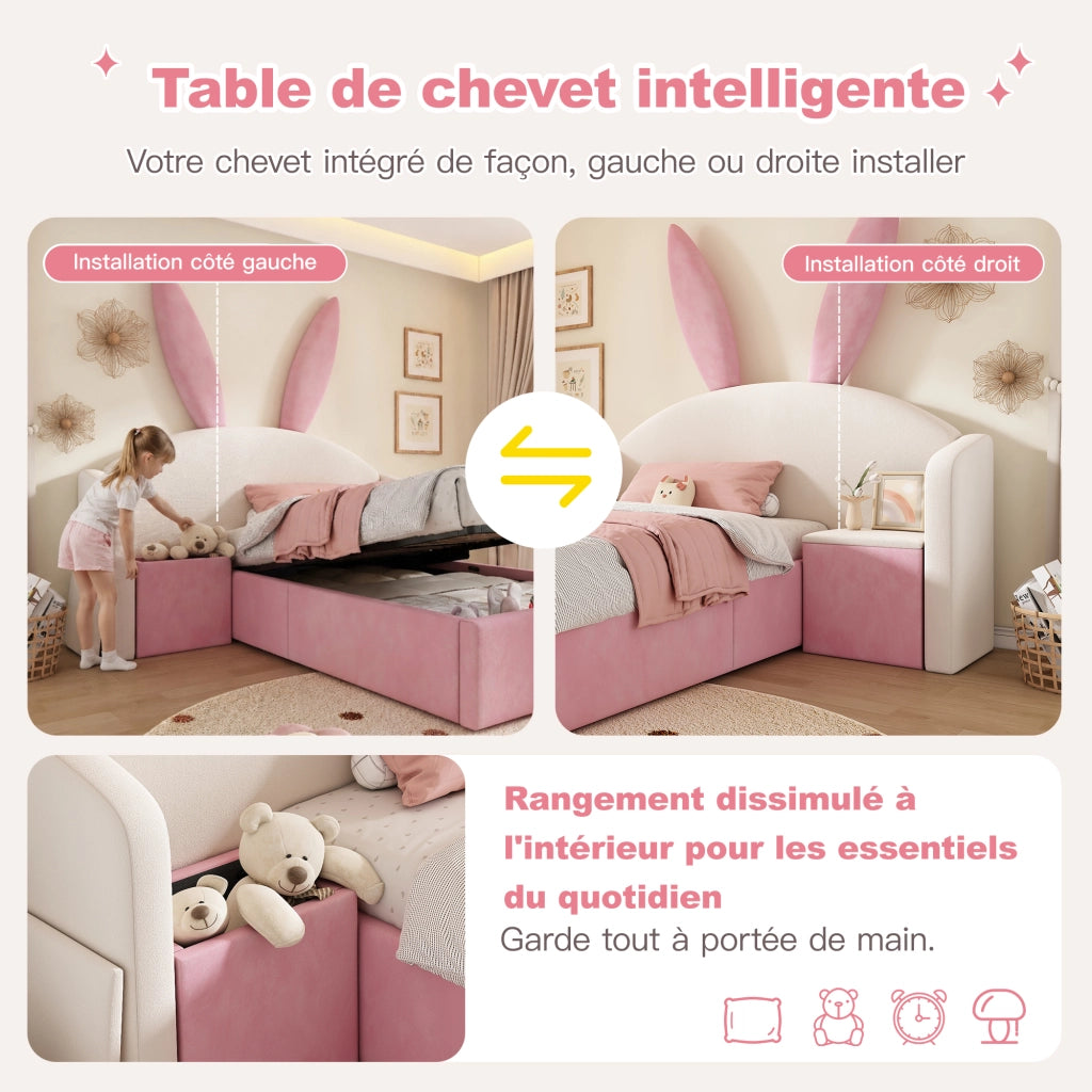 Letto contenitore 90 × 200 cm con comodino reversibile testiera imbottita in velluto beige e rosa