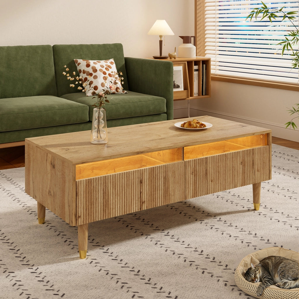 Tavolino da salotto con 2 cassetti e LED colorati, finitura ondulata, per soggiorno, in MDF legno, 110 × 50 × 40 cm