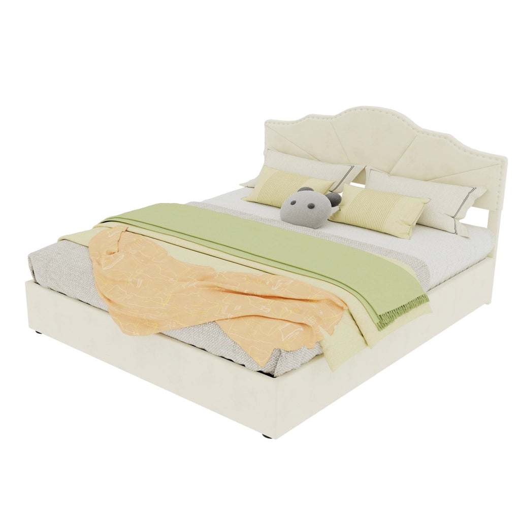 Letto moderno minimalista 160x200 cm beige con testiera imbottita e struttura contenitore con pistone pneumatico, materasso incluso